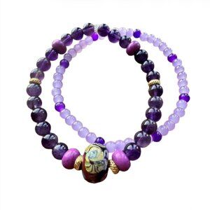 Set of two Women's Stretch Bracelets 7.5" Natural Gemstones - Amethyst NWT